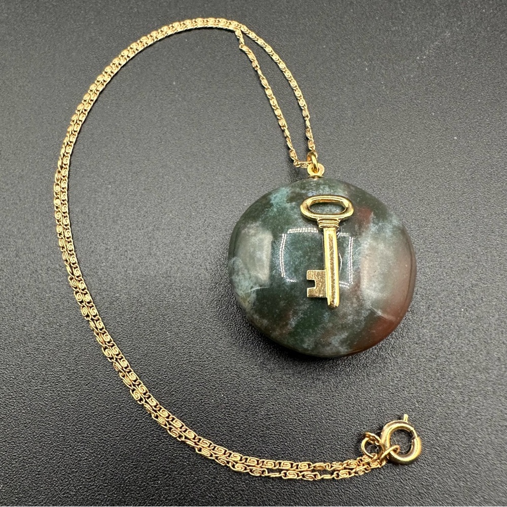 Nephrite Jade Round Pendant Necklace w/Gold Key--Wisdom & Protection Symbolism